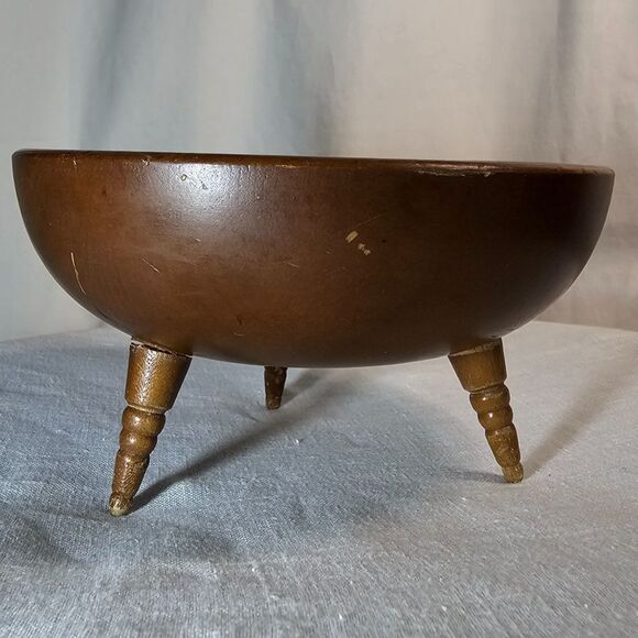 Vintage Woodpecker Woodware Bon Bon Wooden Footed Bowl Handmade Japan Paris - Picture 3 of 6